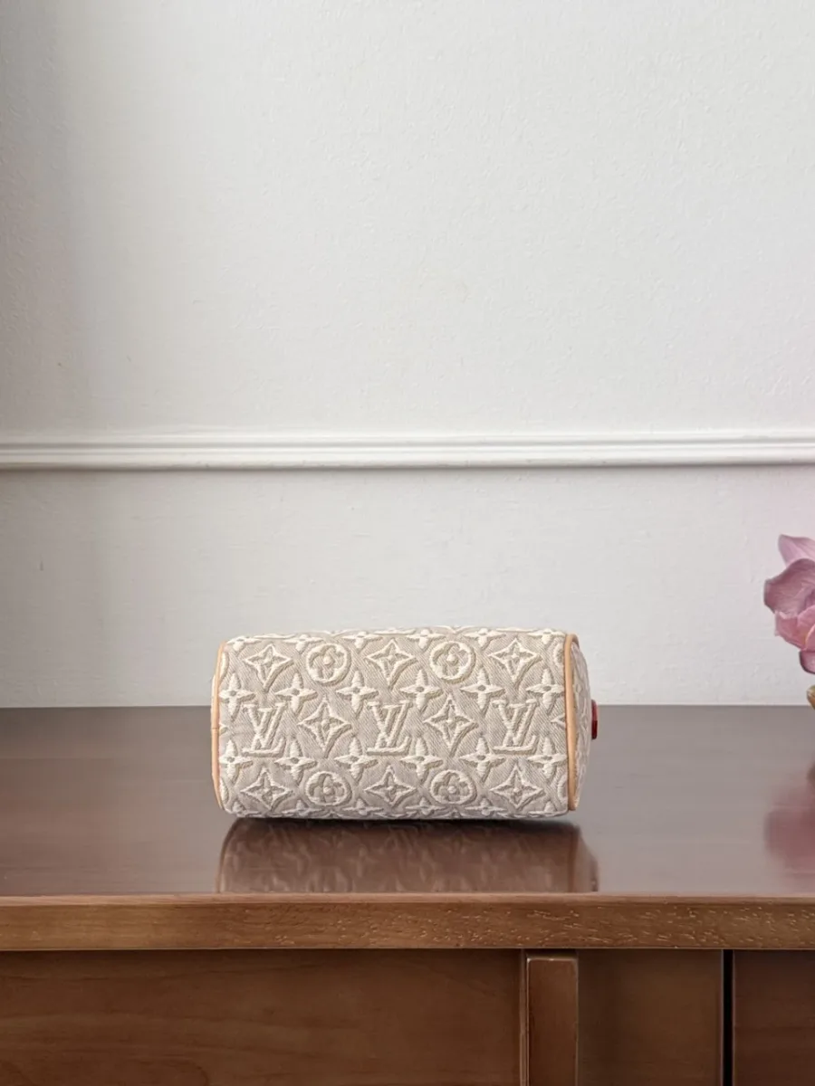 Вид снизу на бежевую сумку Louis Vuitton Nano Speedy с узором Monogram