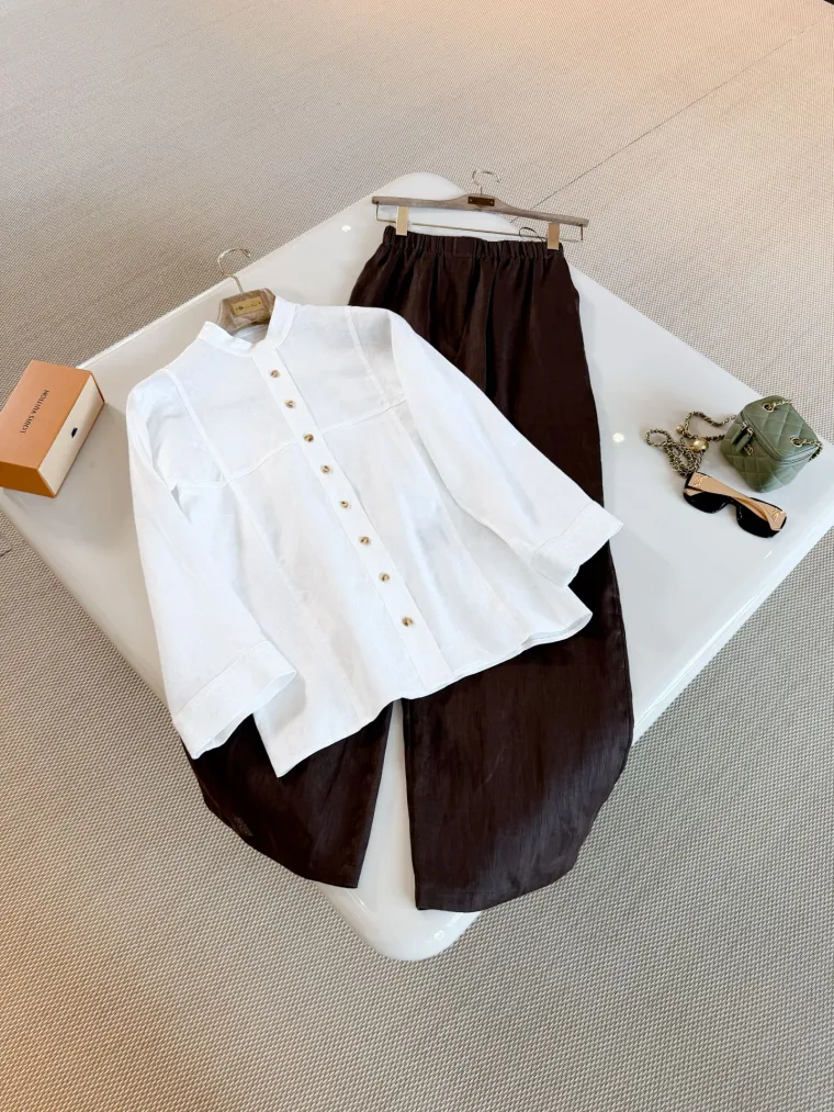 Loro Piana Белая льняная рубашка со стойкой и вышивкой