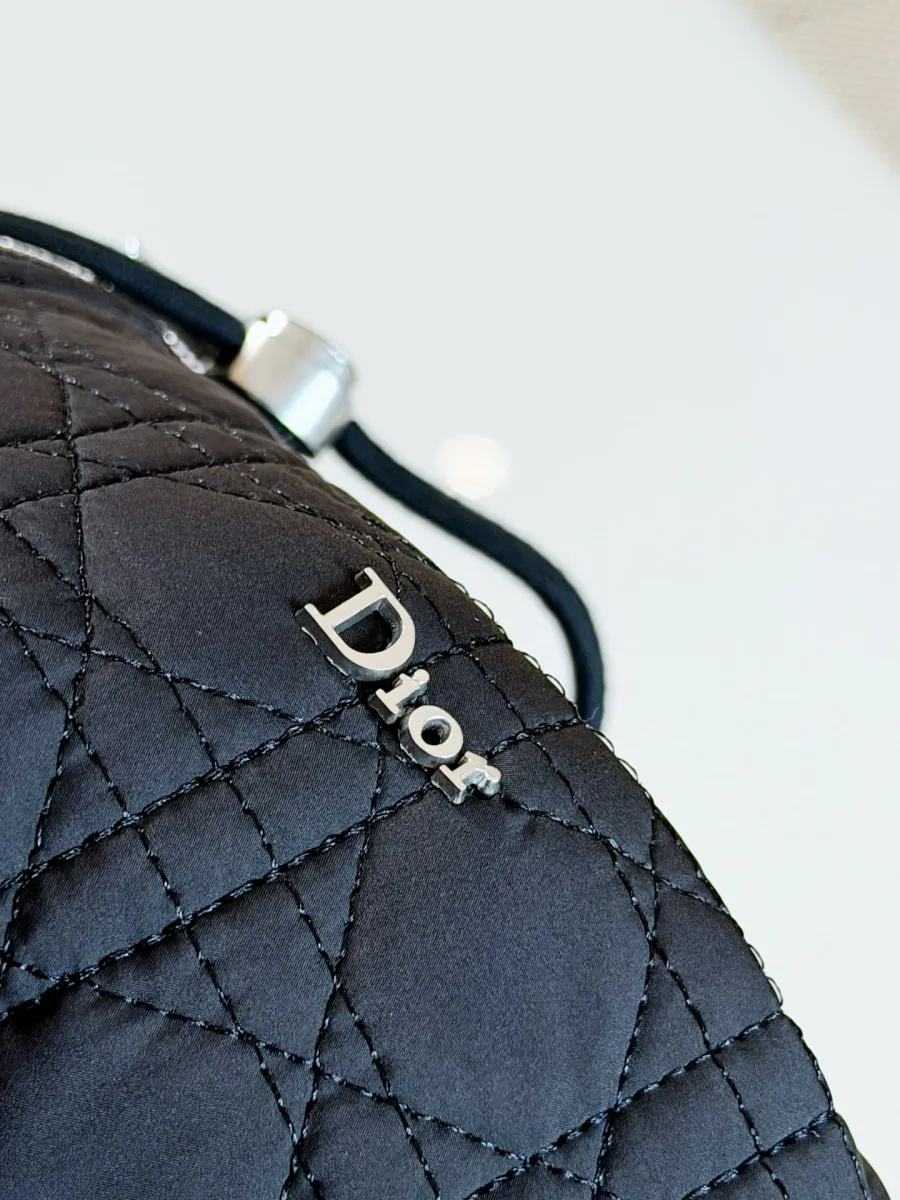 Фрагмент стёжки Cannage с серебристым металлическим логотипом Dior