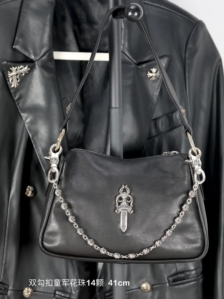 Черная кожаная сумка с серебряной цепочкой Chrome Hearts Tiny CH Cross