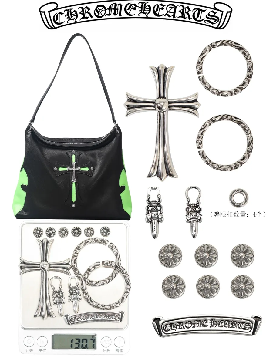 Вид спереди на сумку Chrome Hearts с зеленым декором