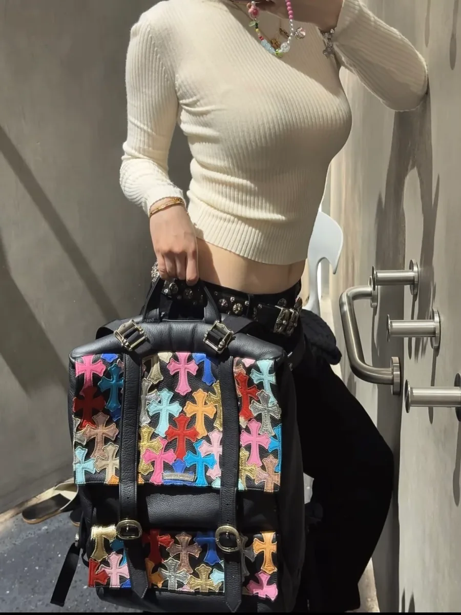 Кожаный рюкзак Chrome Hearts с разноцветными нашивками