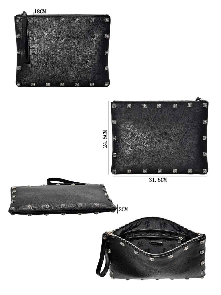 Черный кожаный клатч Chrome Hearts с серебряными заклепками
