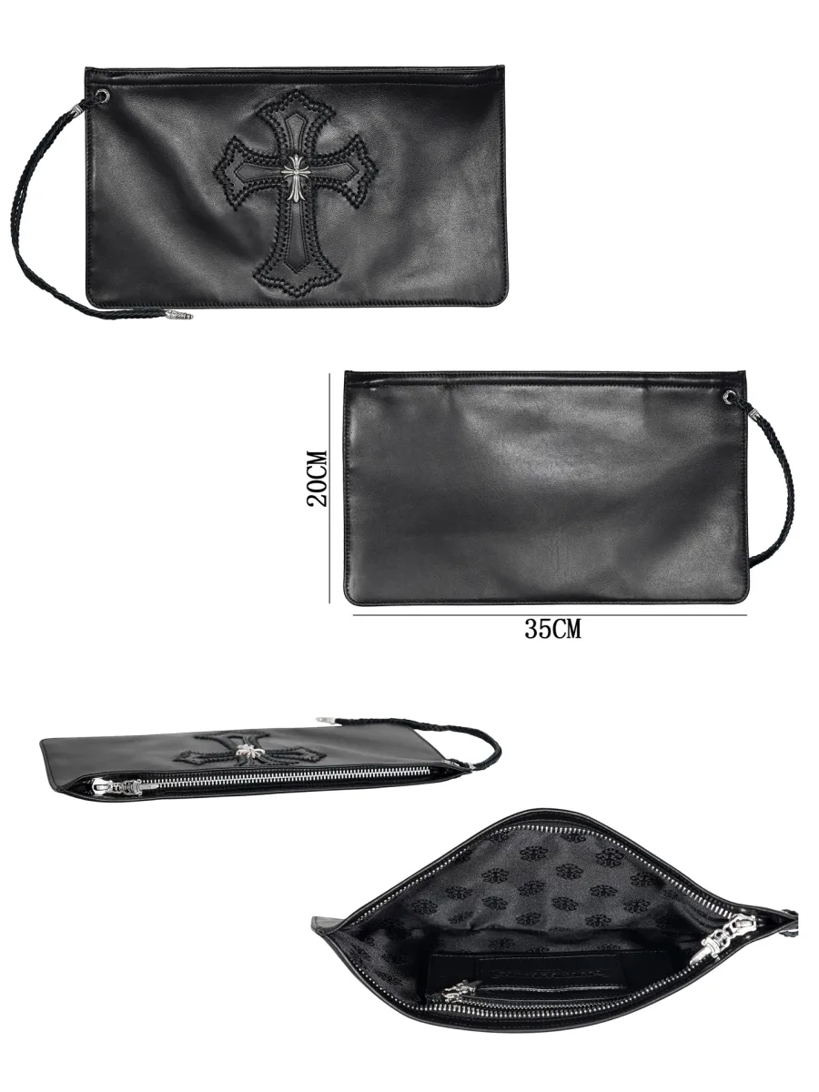 Чёрный кожаный клатч Chrome Hearts с плетёным крестом